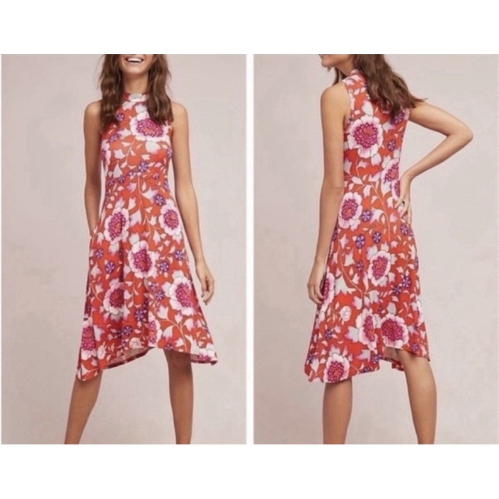 Maeve Anthropologie Orange Pink Floral Mock Neck Handkerchief Hem Dress XS